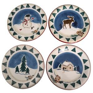 BRAND NEW Set of 4 Christmas Dessert Salad Plates Snowman Moose Cabin w/ BOX